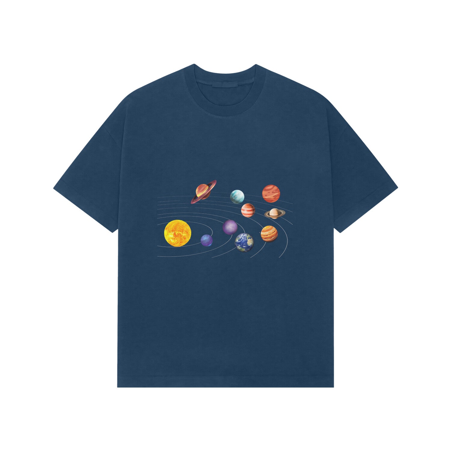 Navy blue t-shirt with solar system design on a white background
