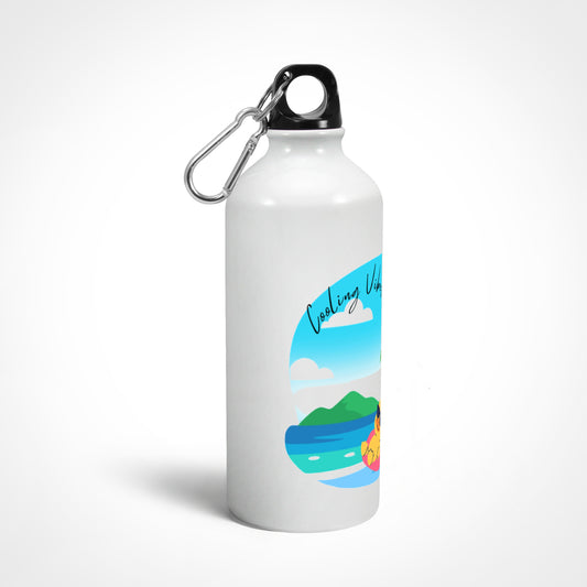 White water bottle with a colorful design and carabiner on a white background