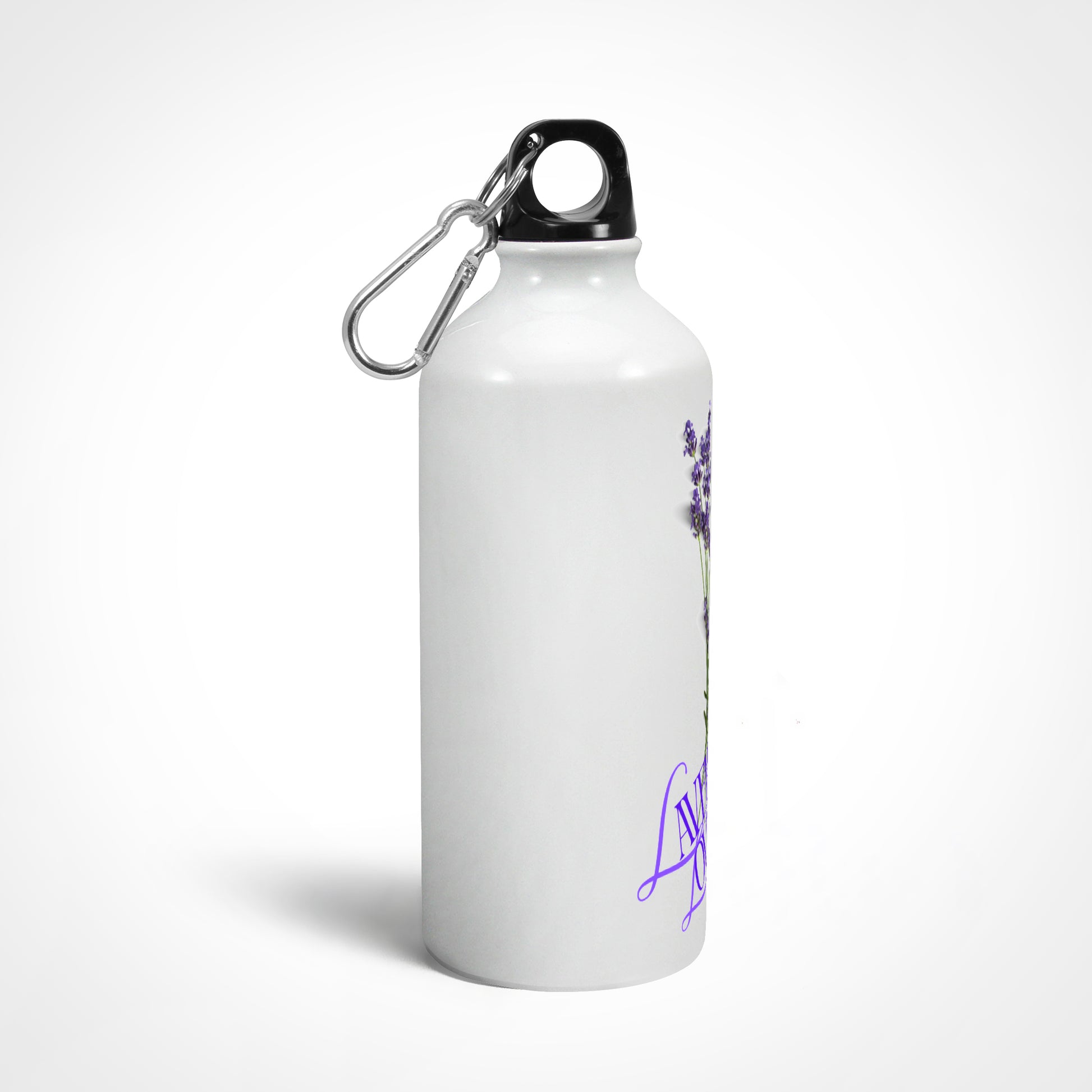White water bottle with purple text and carabiner on a white background