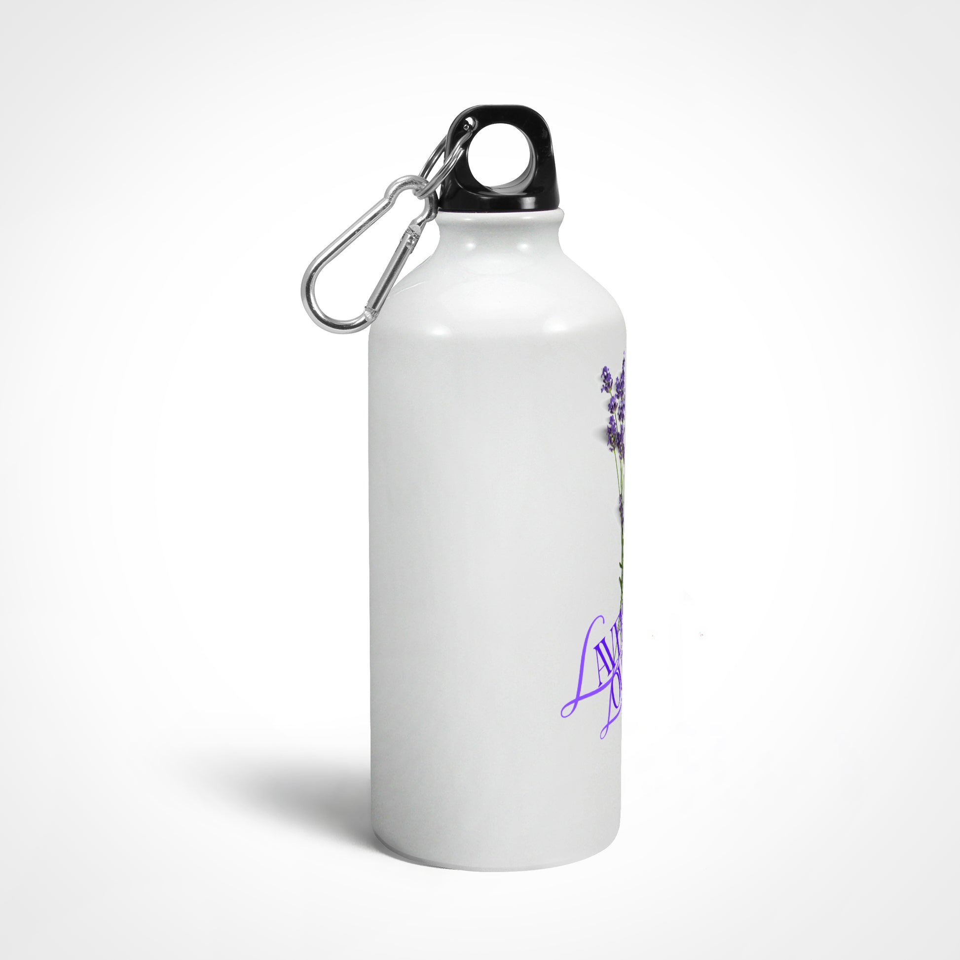 White water bottle with purple design and carabiner on a white background