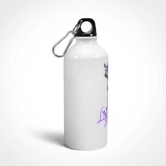 White water bottle with purple design and carabiner on a white background