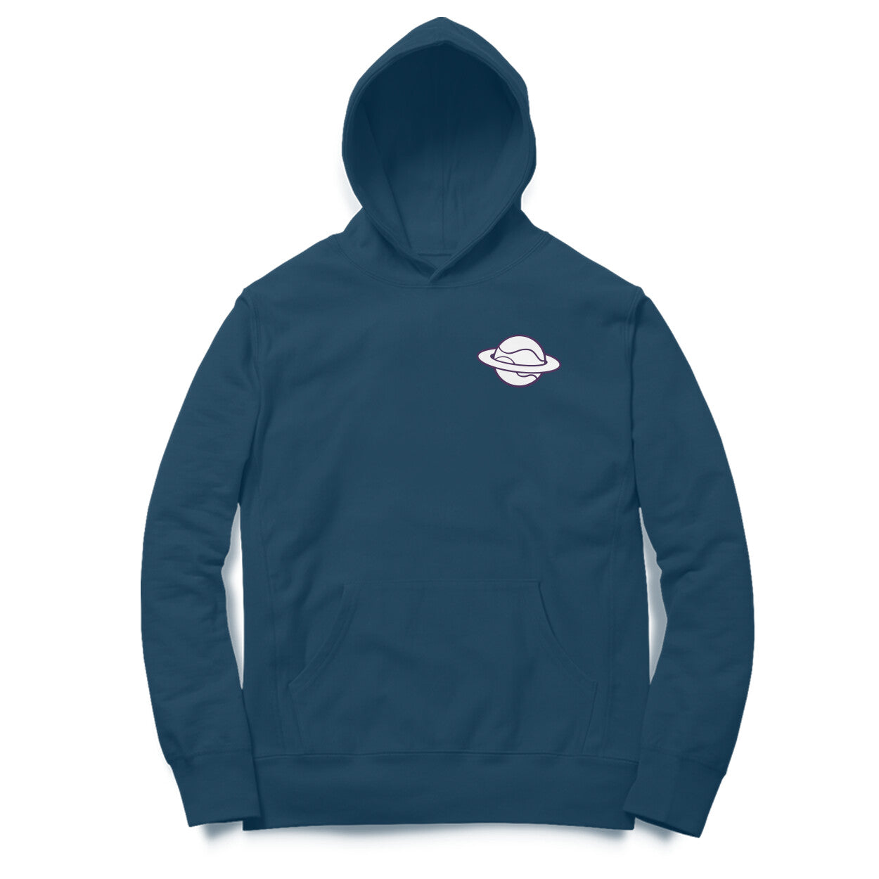 Navy blue hoodie with a white logo on a white background