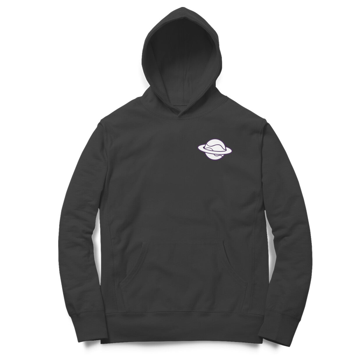 Black hoodie with a white logo on a white background