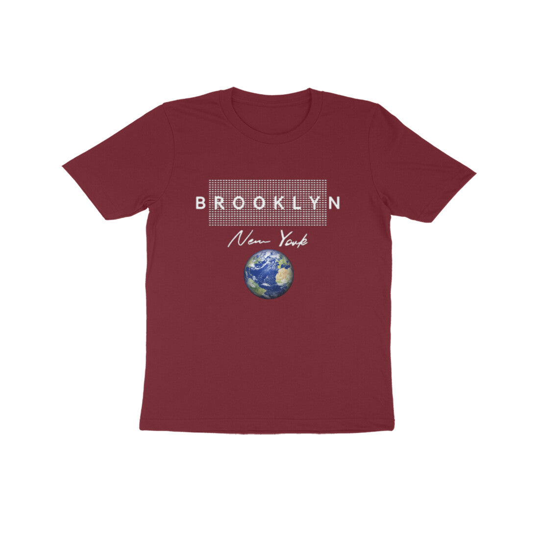 Maroon t-shirt with 'Brooklyn New York' design on a white background