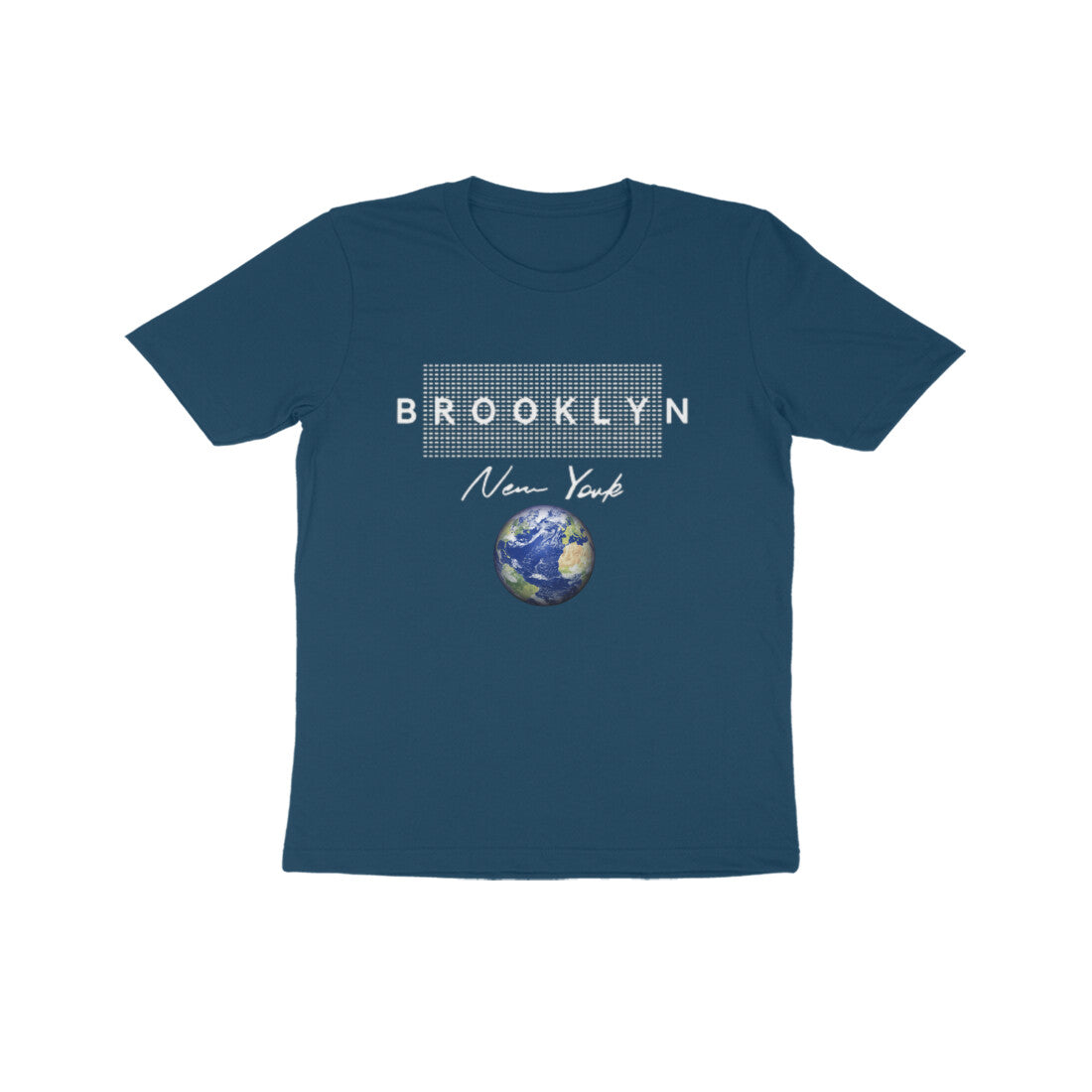 Navy blue t-shirt with 'Brooklyn New York' text and globe graphic on a white background