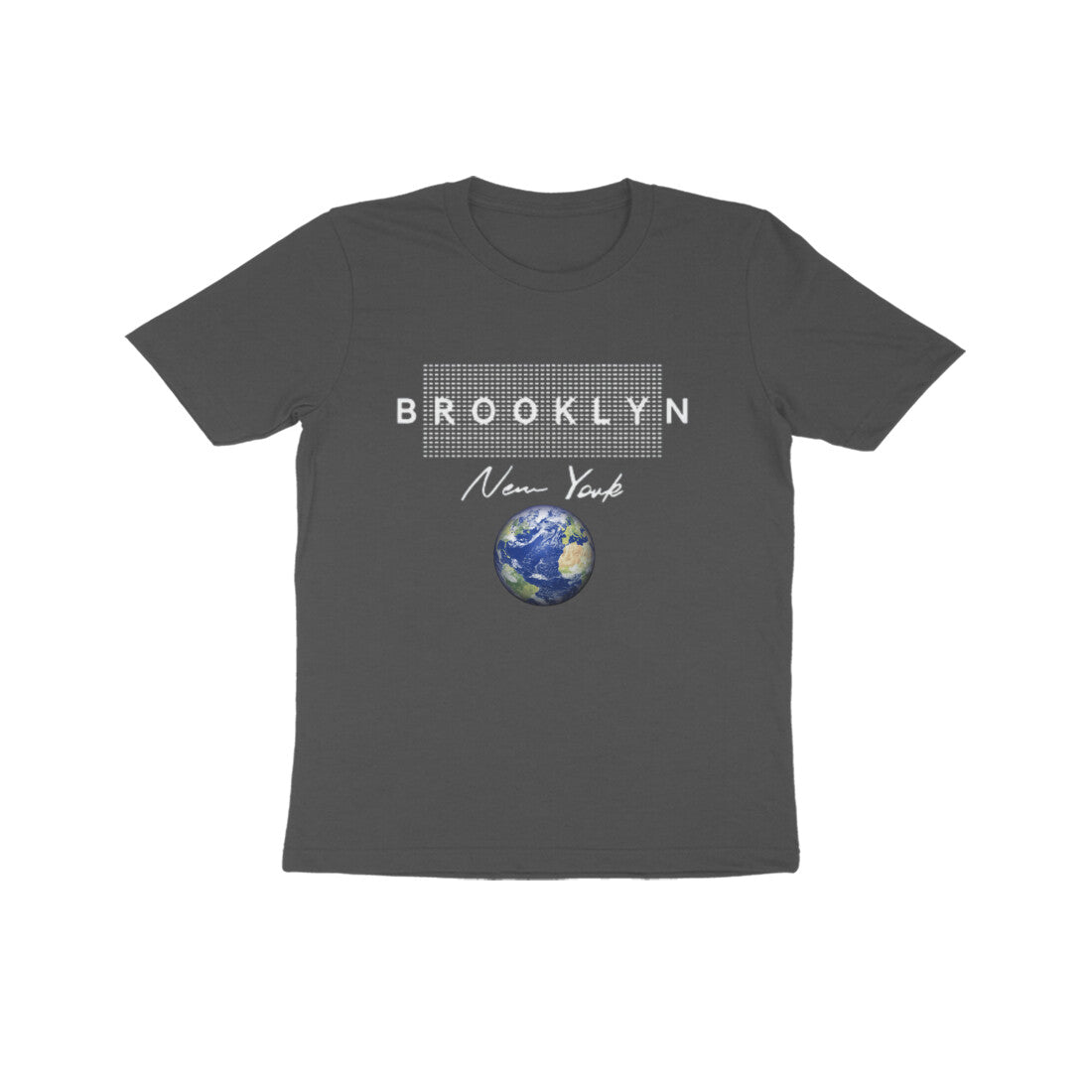 Gray t-shirt with 'Brooklyn New York' design featuring a globe on a white background