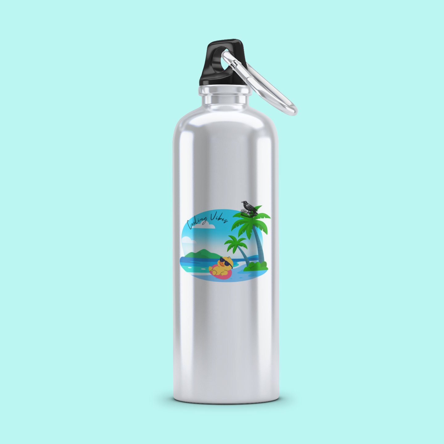White water bottle with a tropical design label on a light blue background