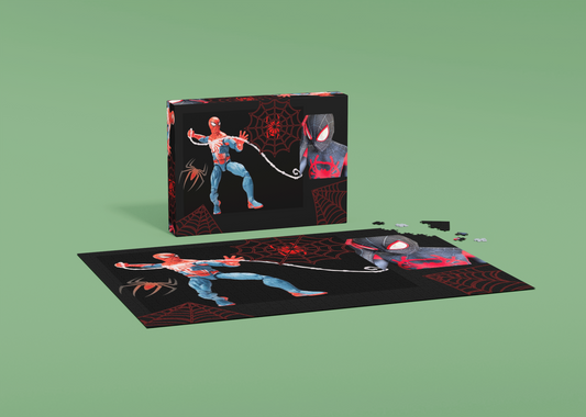 Spider-Man action figures with packaging on a green background