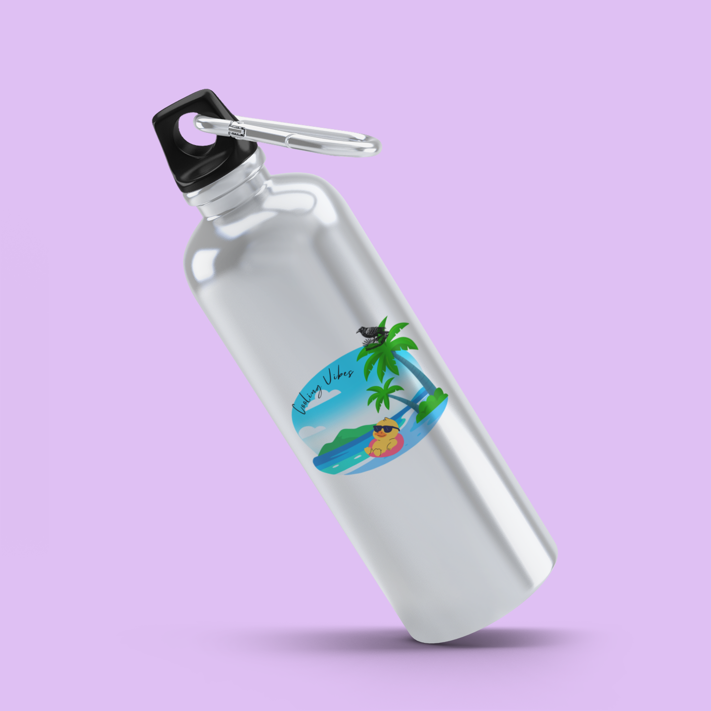 White water bottle with a tropical design on a purple background
